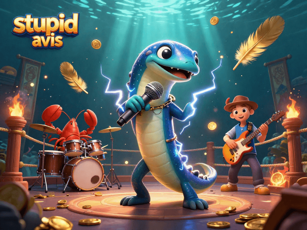 Visuel captivant mettant en avant les avis sur stupid casino avec un poisson électrique DJ, une échelle de jeu et des effets scintillants.