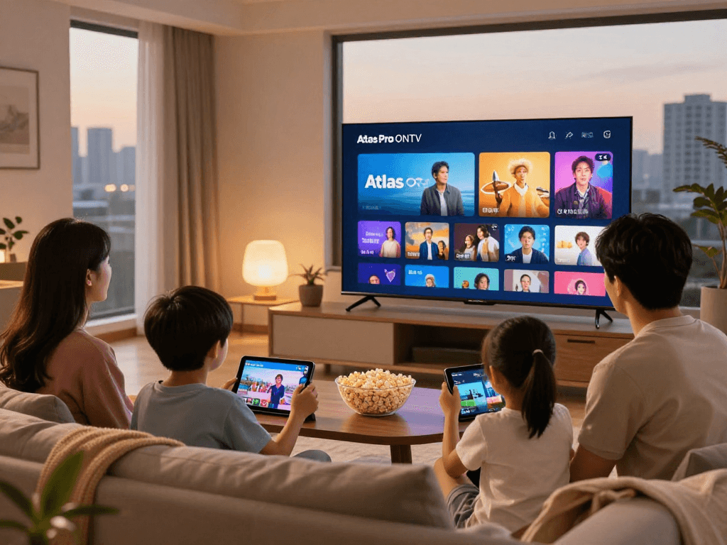 Une famille profite de leur abonnement Atlas pro ontv dans un salon moderne, regardant un film sur une Smart TV.