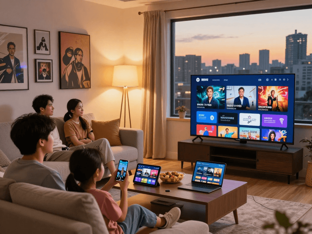 Profitez de l'abonnement Iron tv avec une famille se détendant devant leur télévision dans un salon chaleureux.