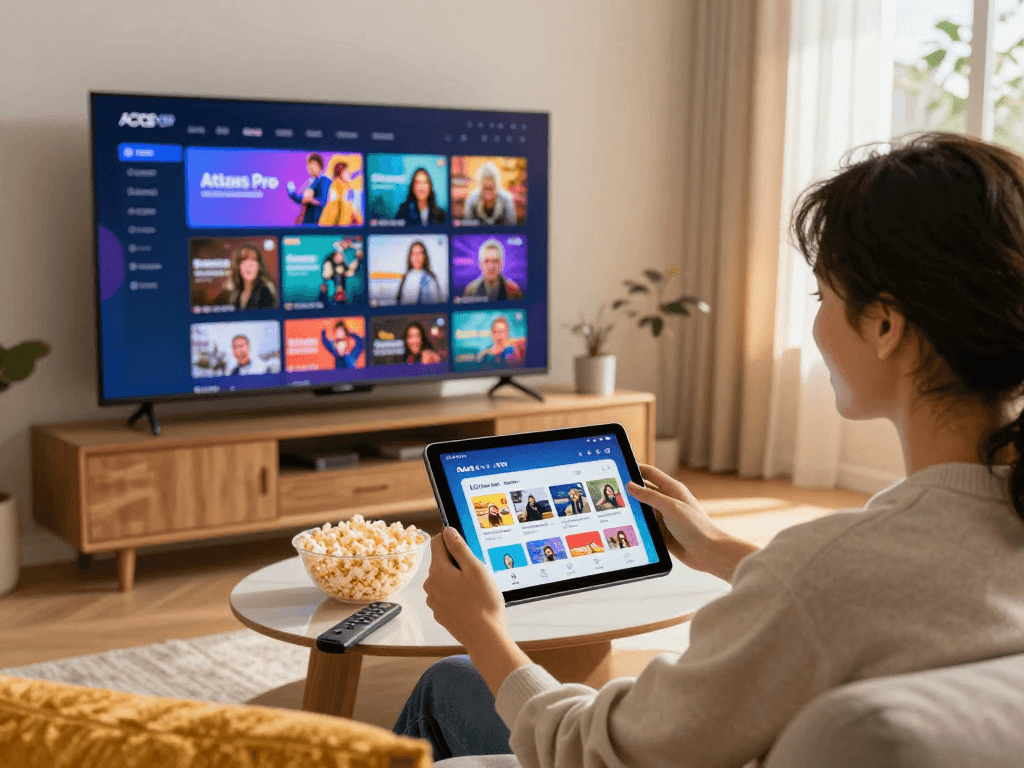 Utilisateur explorant l'application atlas pro ONTV sur tablette dans un cadre cinématographique confortable.