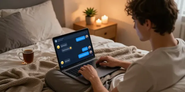 NSFW AI chat interaction in a cozy bedroom with vibrant chat screen.