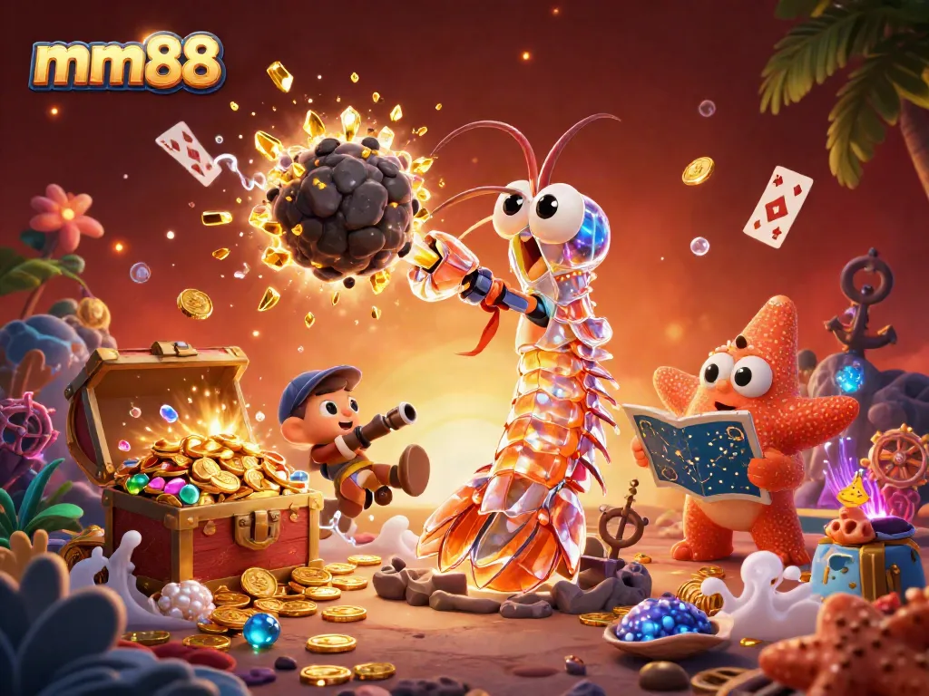Engage with mm88's dynamic games as a 3D cartoon galactic mantis shrimp explores vibrant underwater worlds filled with treasures and excitement.