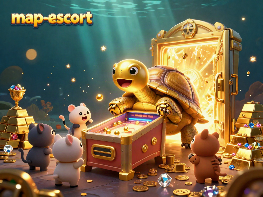Engage with the map-escort experience featuring a 3D tortoise-style pinball machine amidst wealth.