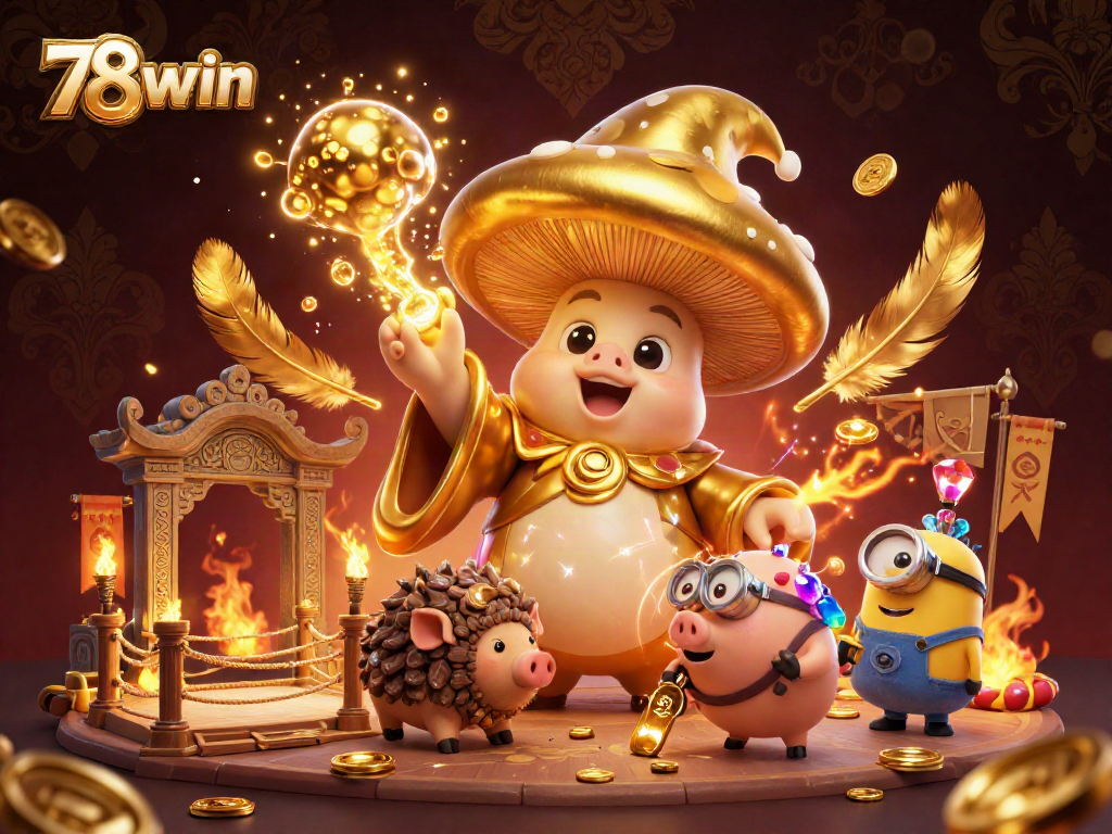 Engage with the magical world of 78win, showcasing a golden mushroom wizard and treasure-hunting pig amidst vibrant casino-themed elements.