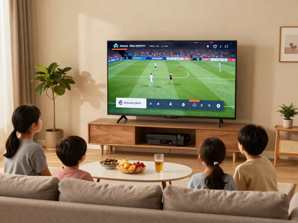 Famille profitant de l'application atlas pro ontv dans un salon moderne, ambiance chaleureuse.
