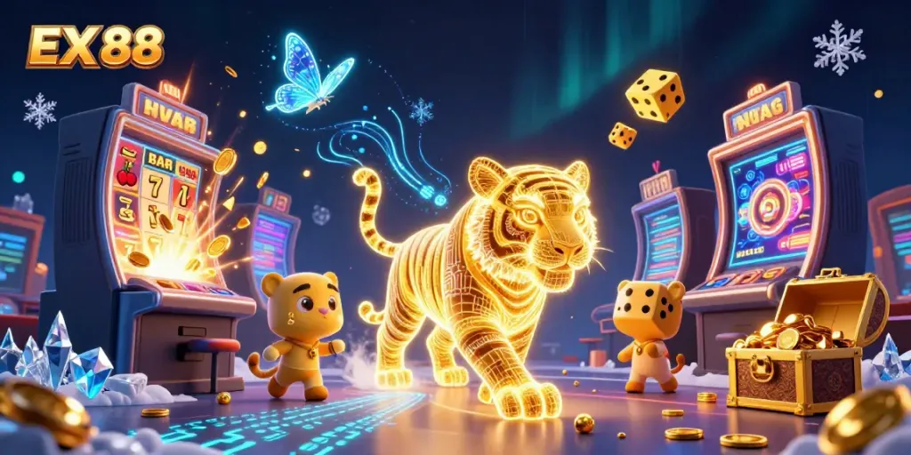 Experience the vibrant energy of EX 88's online gaming universe with a neon tiger and exciting casino scenes.