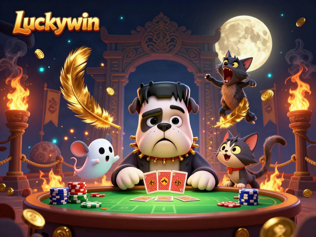 Playing cards at a vibrant Luckywin game table featuring a Frankenstein bulldog, ghost mouse, and werewolf, amid rich casino elements.