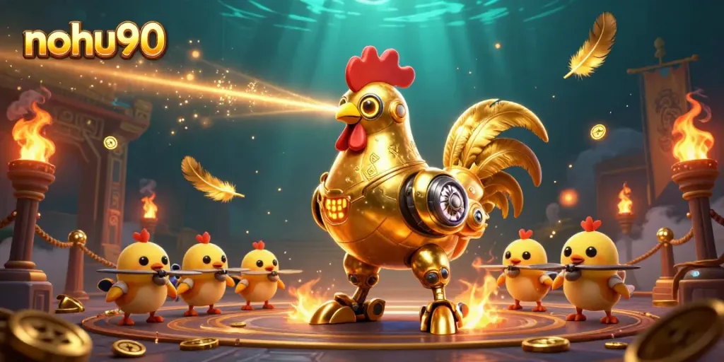 Engage with stunning nohu90 gaming scene showcasing a golden rooster robot amidst dynamic casino elements.