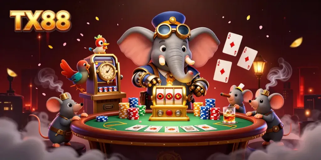 Engage with captivating TX88 gameplay featuring a steampunk elephant engineer at a vibrant slot machine.