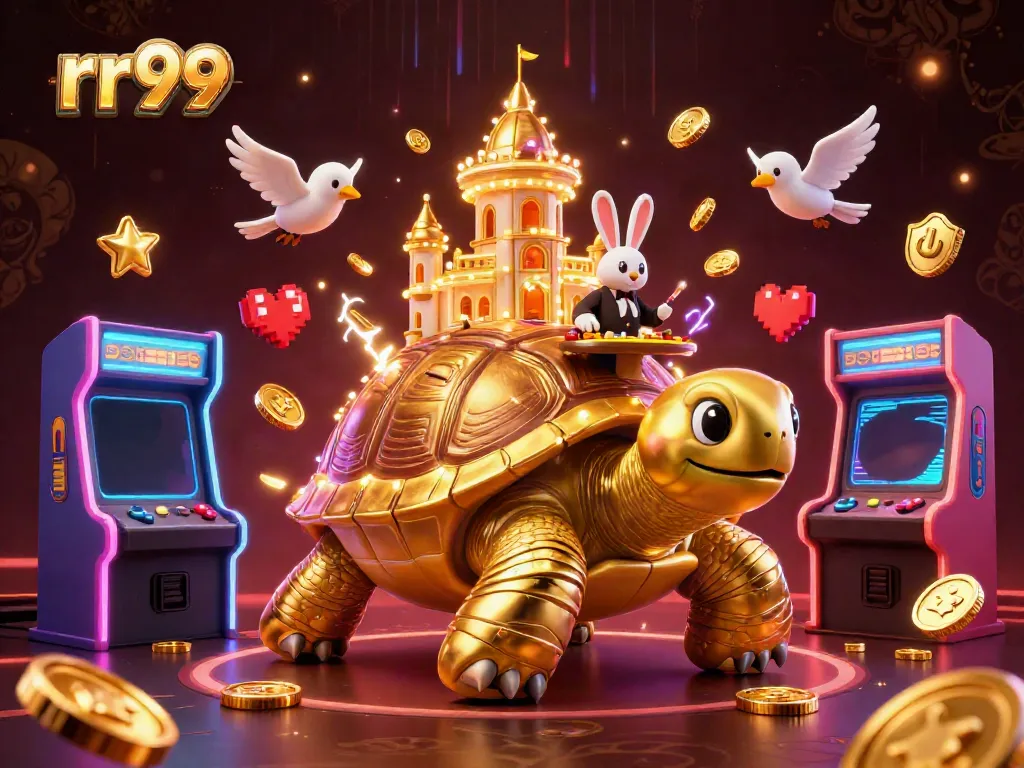Engage with rr99's dynamic gaming scene showcasing a golden tortoise casino, rabbit dealer, and colorful arcade machines.