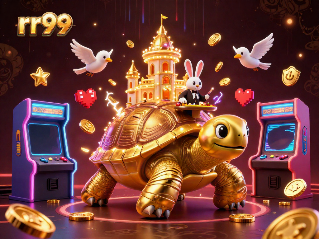 Engage with rr99's dynamic gaming scene showcasing a golden tortoise casino, rabbit dealer, and colorful arcade machines.