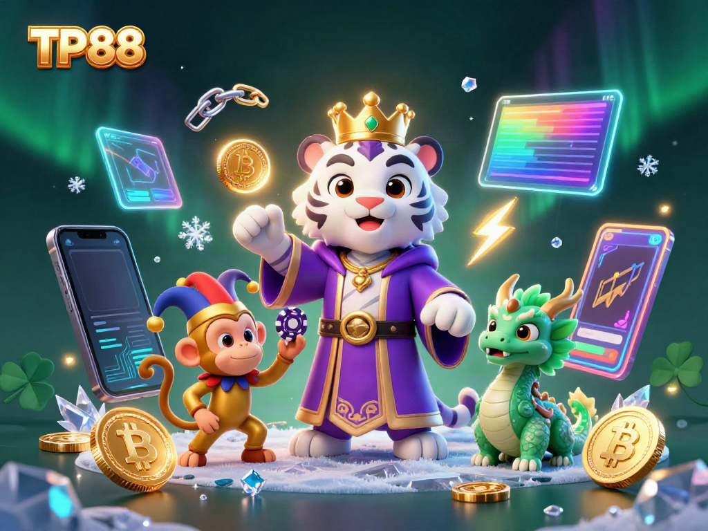 Engaging TP88 casino scene with a royal tiger, jester monkey, and jade dragon showcasing vibrant gaming elements.