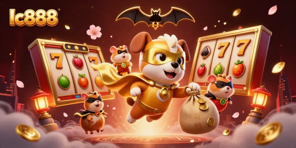 Experience excitement with lc888 in this vibrant scene of gaming action featuring lucky symbols and animated characters.