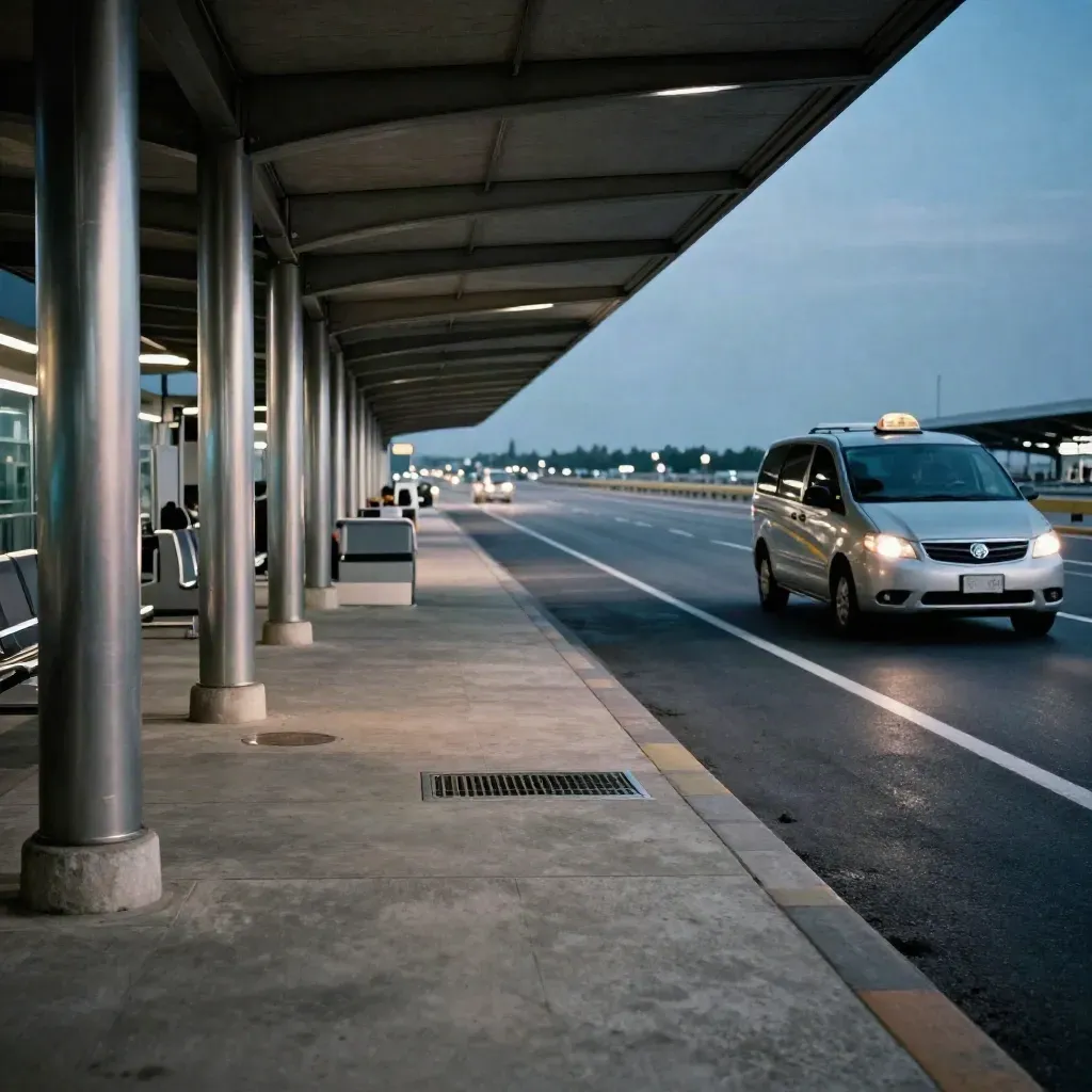 Taxi rank à l'aéroport, quais couverts, taxi entrant, chaleur sur l'asphalte.