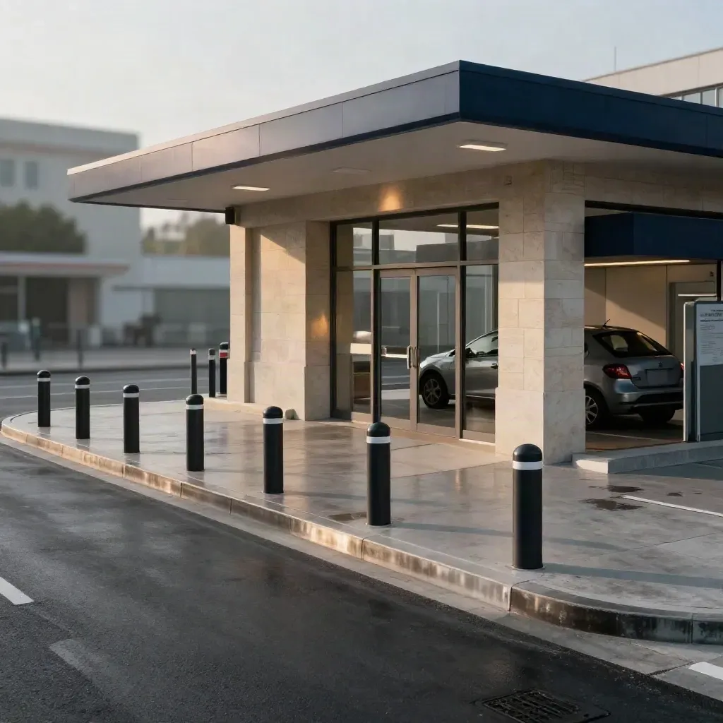 Cour d’une gare rénovée avec zone de dépose-minute, bornes noires et chaussée mouillée.