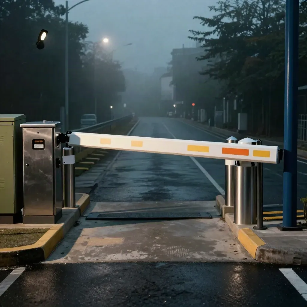 Barrière d’accès avec bornes rétractables et voie courte, dans une brume du soir.
