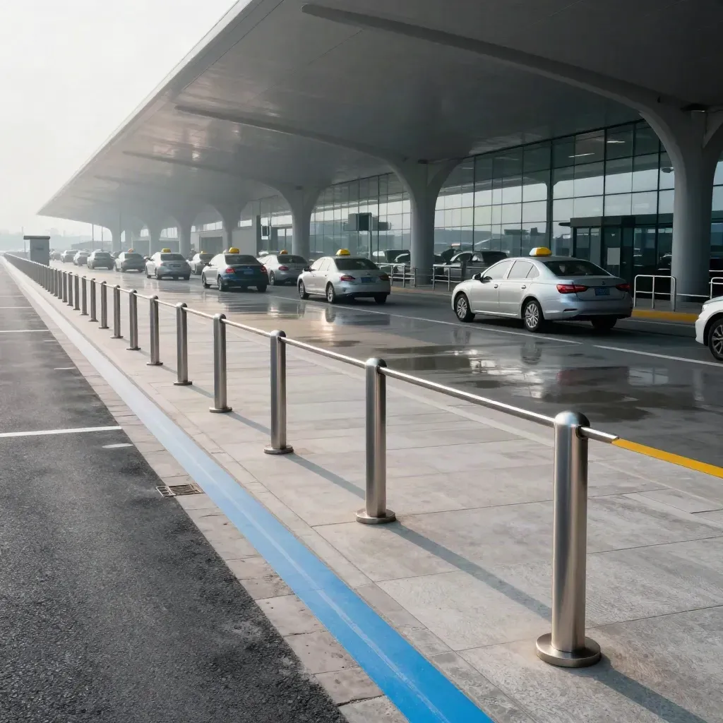 Voie taxi d’aéroport ordonnée sous un auvent, avec barrières et sol mouillé.