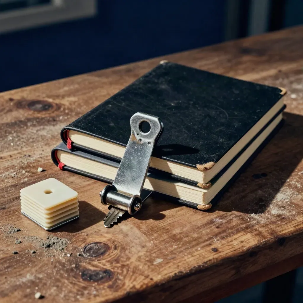 Cahier noir fermé, pince de barrière modulaire et repères de site sur établi.