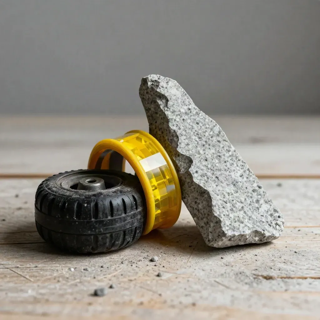 Fragments de butée de roue, collier de cône et éclat de bordure sur bois clair, vue zénithale.