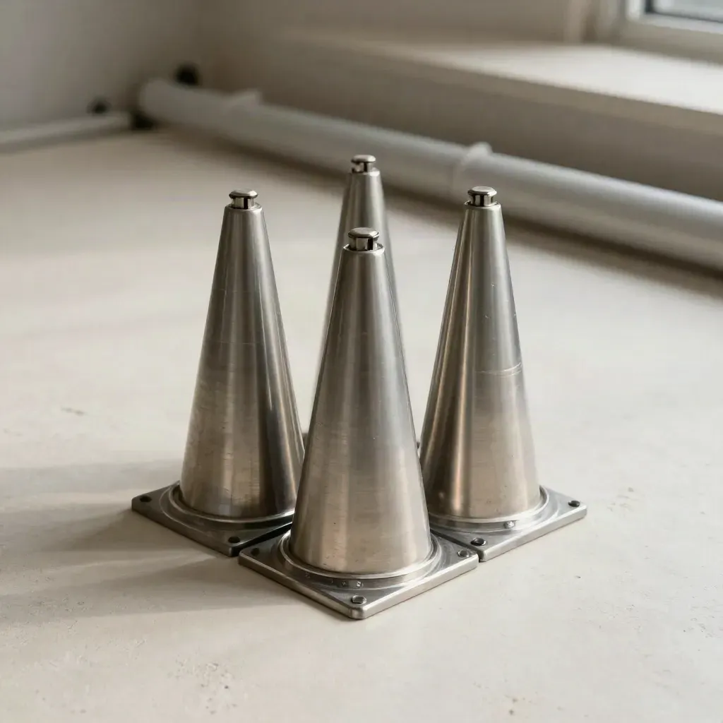 Barrière temporaire, collier de cône et capuchon de borne sur fond clair.