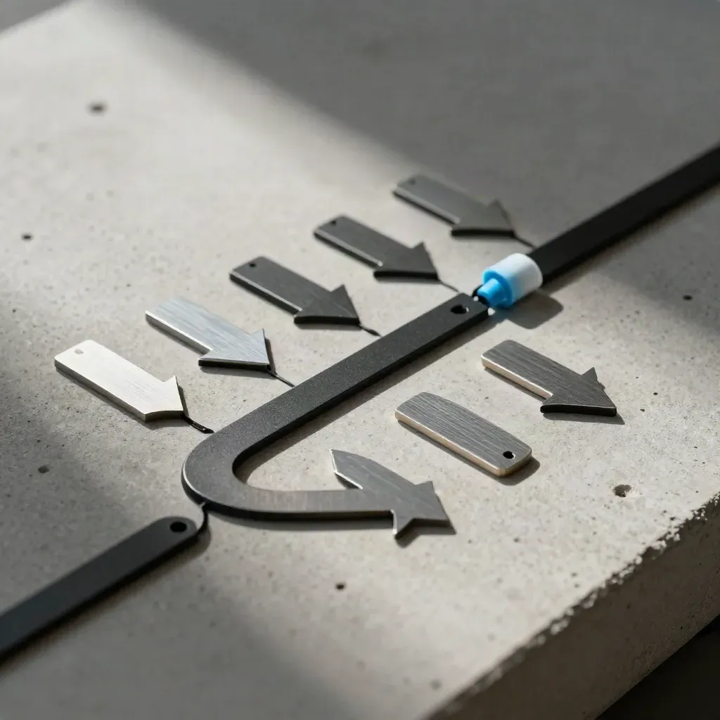 Vue zénithale d’arrows aluminium, marqueurs de voie magnétiques et clips noirs sur béton clair.