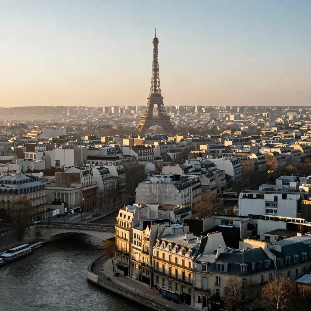 Vue de Paris au coucher du soleil, Seine et tour Eiffel au-dessus des toits haussmanniens.