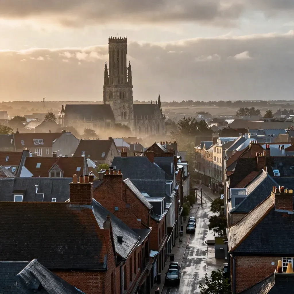 Vue de Lille avec le beffroi au-dessus des toits de briques dans une brume après la pluie.