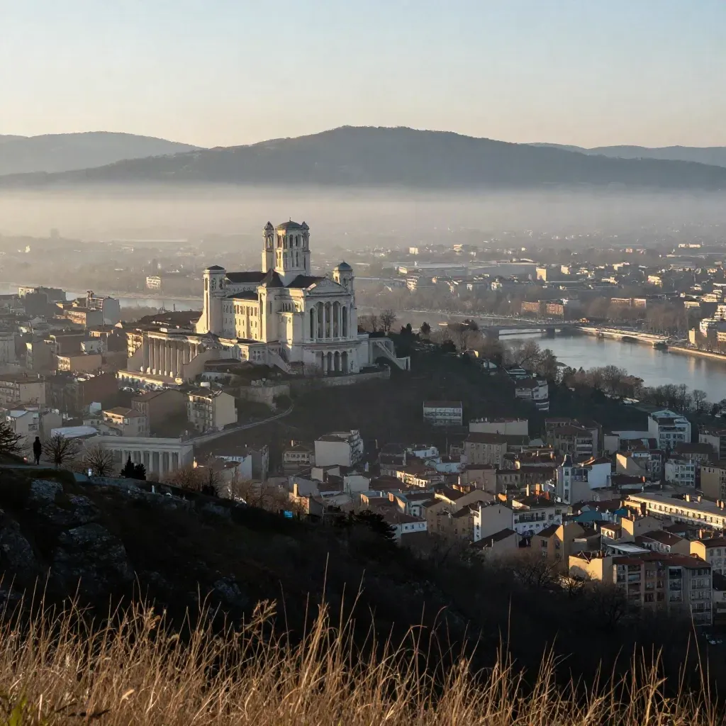 Vue panoramique de Lyon avec Fourvière dans la brume au-dessus du Rhône.