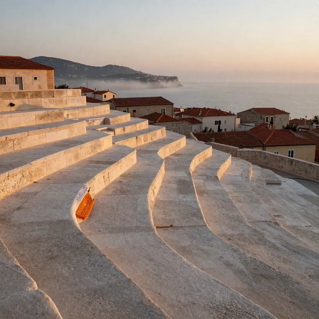 Terrasses de calcaire et toits de tuiles dans la brume chaude de la Côte d’Azur.