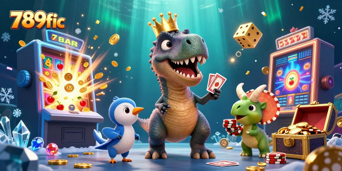 Engage in online gaming adventures at 789fic with vibrant scenes of a cartoon T-Rex shuffling cards.