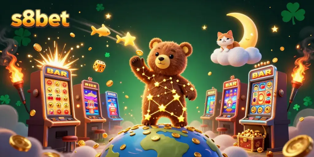 Experience s8bet's vibrant casino fun with a golden star bear and dynamic game elements.