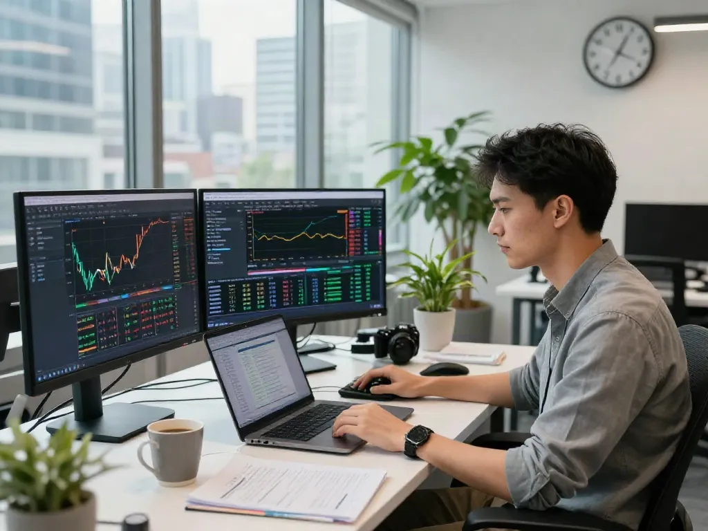 Couponeau.com : Trader concentré dans un bureau moderne avec des écrans affichant des données de marché, un environnement dynamique pour le trading en 2026.