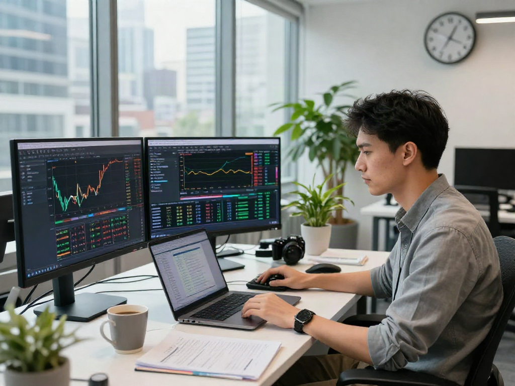 Couponeau.com : Trader concentré dans un bureau moderne avec des écrans affichant des données de marché, un environnement dynamique pour le trading en 2026.