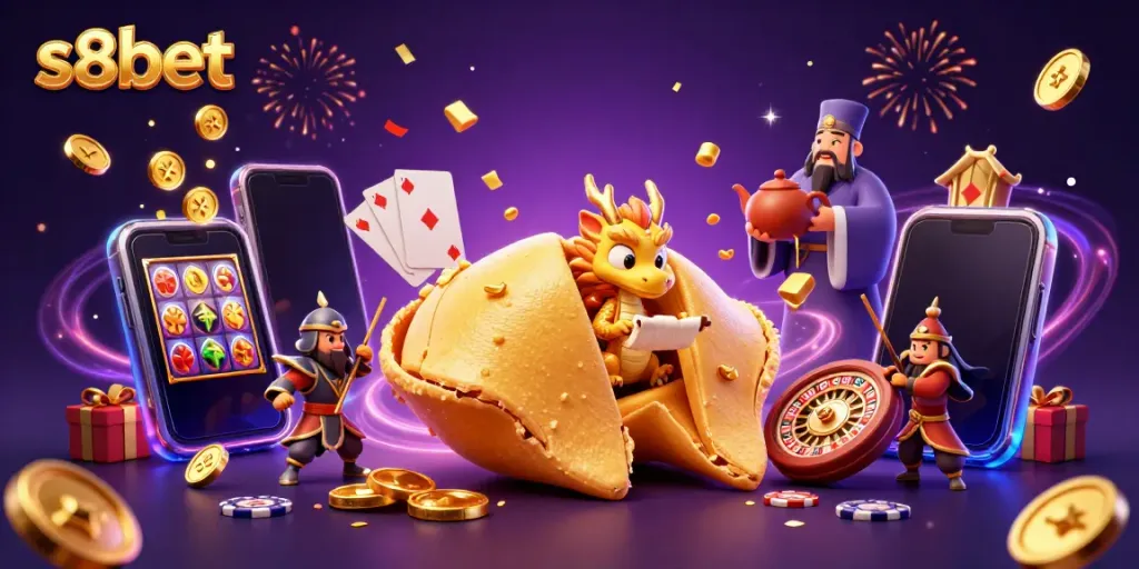Engage with the magic of s8bet; a lively scene showcasing a whimsical fortune cookie, dragon, and animated casino elements.