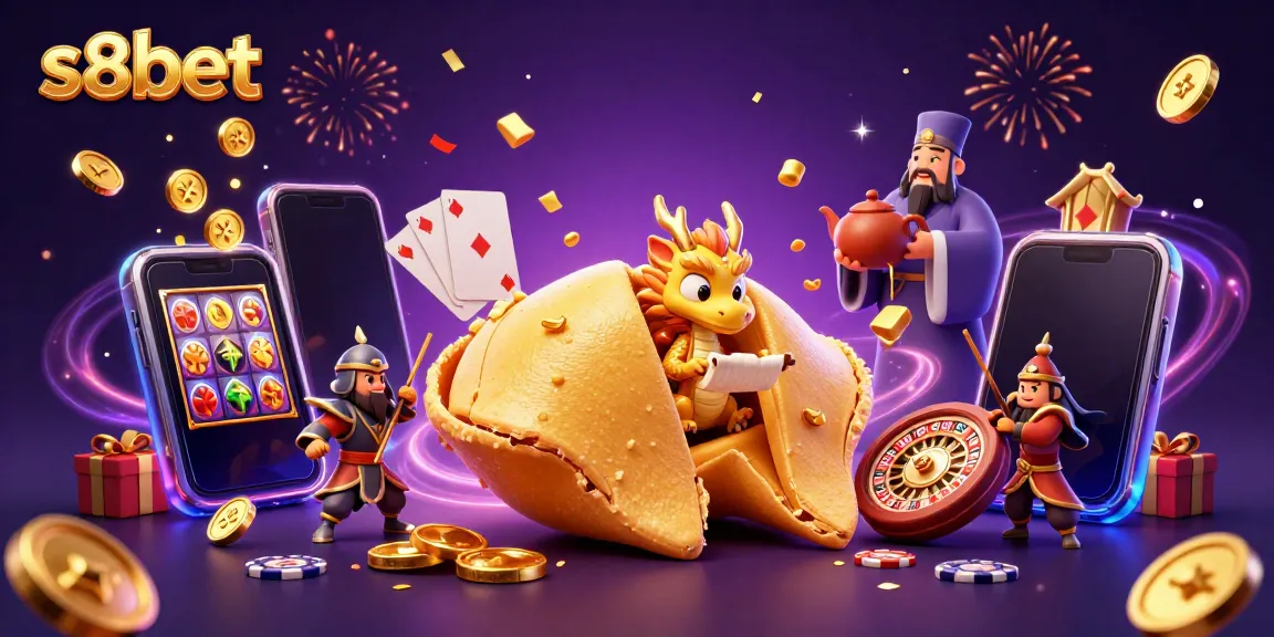 Engage with the magic of s8bet; a lively scene showcasing a whimsical fortune cookie, dragon, and animated casino elements.