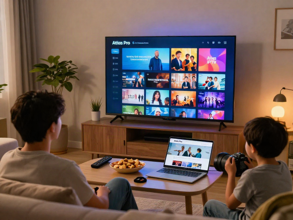 Expérience de streaming sur Atlas Pro IPTV dans un salon avec TV et ambiance conviviale