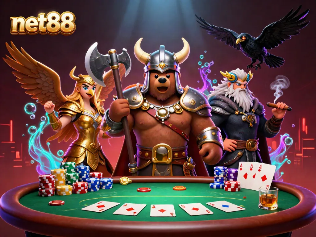 Engage in thrilling poker battles at net88 with a Viking bear, Valkyrie eagle, and dynamic casino elements.