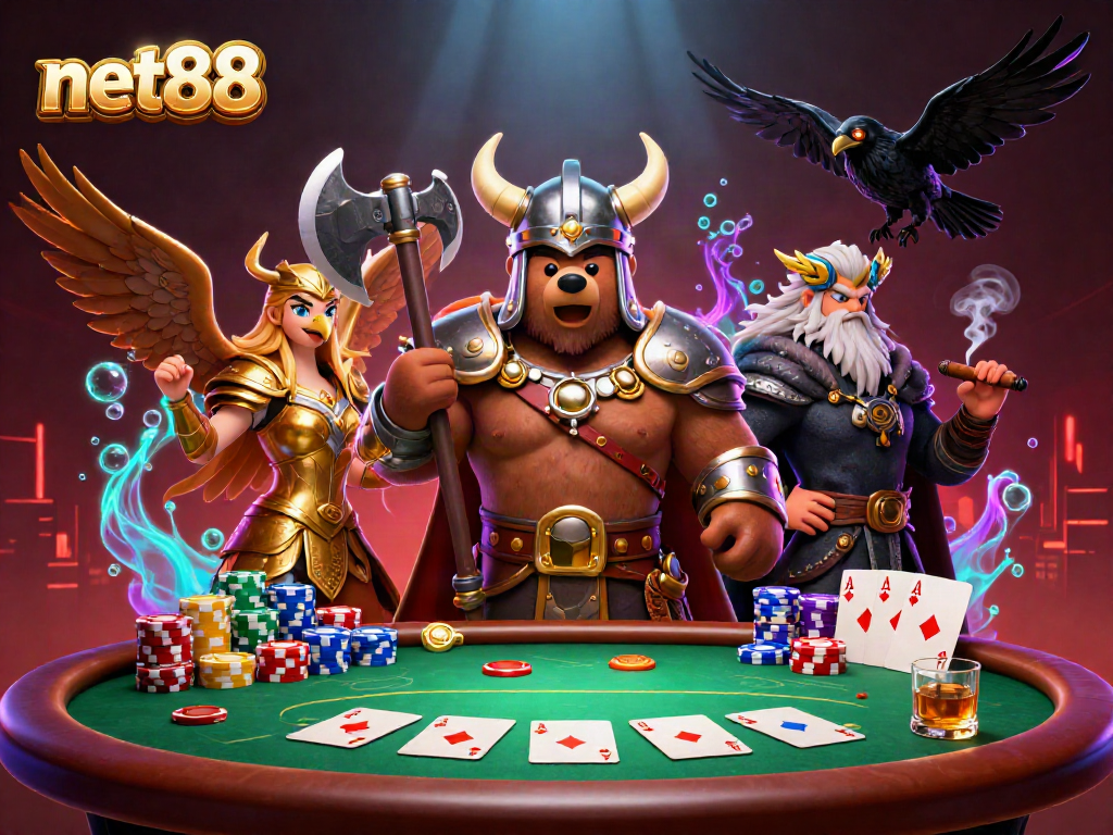 Engage in thrilling poker battles at net88 with a Viking bear, Valkyrie eagle, and dynamic casino elements.