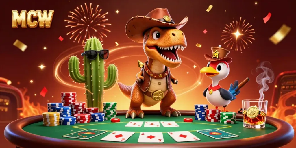 Experience thrilling poker action with MCW's vibrant characters in a 3D casino scene filled with excitement.