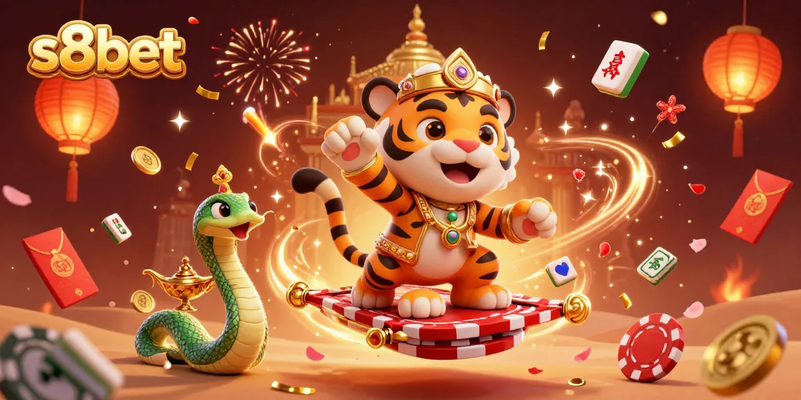 Experience the magic of s8bet with a vibrant 3D illustration featuring a tiger sultan and casino elements.