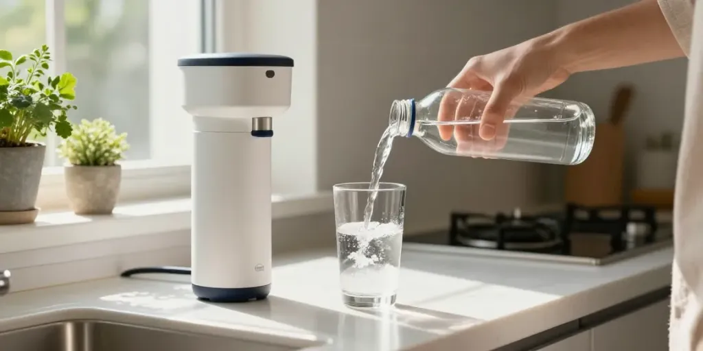 Purification de l'eau par osmose inverse avec un filtre sur le comptoir.